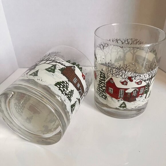 Vintage Libbey Winter Village Double Old Fashioned Glasses Set Of 2 Christmas - Picture 3 of 4